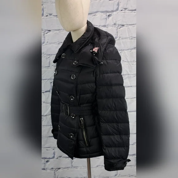 Burberry Women's Puffer Winter Jacket Grey Goose Down Fill Black Hooded Small - Picture 3 of 16